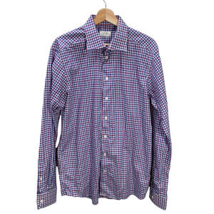 ETON Slim Mens Size 17 Neck Blue Pink Check Plaid Spread Collar Dress Shirt